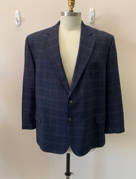 Mens, Sportcoat/Blazer, JACK VICTOR, Navy Blue, Wool, Plaid, 52R, Single Breasted, 2 Buttons, Notched Lapel, 3 Pockets,