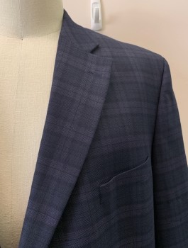 Mens, Sportcoat/Blazer, JACK VICTOR, Navy Blue, Wool, Plaid, 52R, Single Breasted, 2 Buttons, Notched Lapel, 3 Pockets,