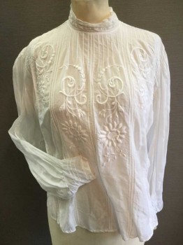 MTO, White, Cotton, Solid, Floral, White Floral Embroidered Front, Pintucking, Lace Band Collar, Button Back, Long Sleeves Gathered At Shoulder and Cuff, Cuff Pintucked and Lace Detail, Twill Back Waist Tie, 3" Tear Across Waist,