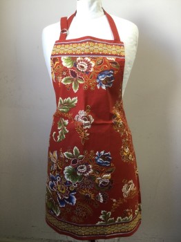 N/L, Dk Red, Yellow, Green, Blue, Cream, Cotton, Floral, D-ring Buckle Neck Strap, Back Waist Tie