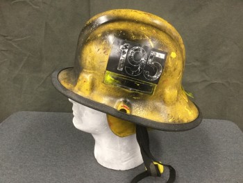 Unisex, Fire/Police Hat, N/L, Yellow, Black, Fiberglass, Solid, O/S, Fireman Helmet, Yellow Fiberglass, Black Plastic Trim, Fire Resistant Ear Flap Interior, Adjustable Cage Interior, Chin Strap, Aged, "195" Stickers on Either Side