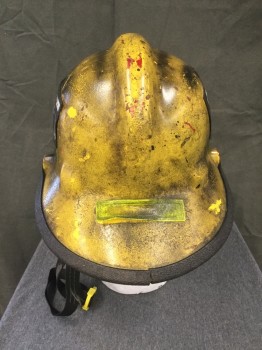 Unisex, Fire/Police Hat, N/L, Yellow, Black, Fiberglass, Solid, O/S, Fireman Helmet, Yellow Fiberglass, Black Plastic Trim, Fire Resistant Ear Flap Interior, Adjustable Cage Interior, Chin Strap, Aged, "195" Stickers on Either Side