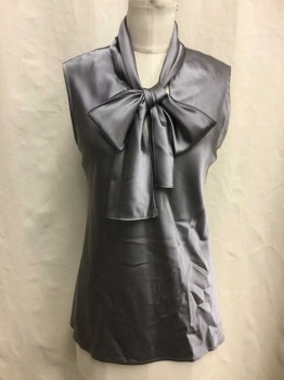 NINE WEST, Pewter Gray, Polyester, Solid, Sleeveless, V-neck, Self Tie Attached At Neck