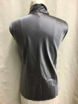 NINE WEST, Pewter Gray, Polyester, Solid, Sleeveless, V-neck, Self Tie Attached At Neck
