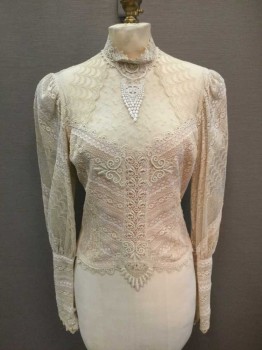M.T.O., Antique White, Lt Beige, Lace, Floral, Sheer Lace Yoke, Lace Band Collar, Keyhole Back, Button & Loops Back, Lace Strips Throughout,  Puff Sleeves Gathered At Shoulder and Extended 2 Button Cuff, Lt Beige Lining,