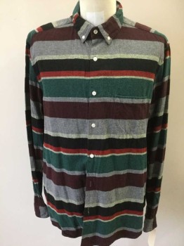 STEVE ALAN, Lt Gray, Black, Red, Green, Maroon Red, Cotton, Stripes - Horizontal , Different Sized Horizontal Stripes, Brushed Flannel Cotton, Long Sleeves, Button Down Collar, Button Front, 1 Pocket,