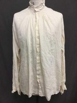 Mens, Historical Fiction Shirt, TIRELLI, Cream, Cotton, Solid, M, Gauze, Long Sleeve Button Front, Wingtip Collar, Smocking At Center Front Neck, Shoulder Seams, & Ruffled Cuffs