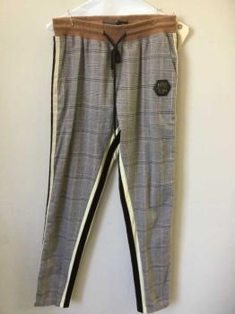 HUDSON, Heather Gray, Red, Dk Brown, Lt Brown, Cream, Poly/Cotton, Synthetic, Plaid, Stripes - Vertical , Heather Gray, Gray, Black Plaid W/cream, Dark Brown Velvet Vertical Side Stripes,. Light Brown D-string Waistband