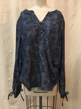 Womens, Top, LIZ CLAIBORNE, Dk Blue, Navy Blue, Synthetic, Floral, M, Dk Blue, Navy Floral Print, 4 Buttons, V-neck, Long Sleeves with Self Tie Wrists