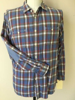 CREMIEUX, French Blue, Red, White, Slate Gray, Cotton, Plaid, Button Front, Collar Attached, Long Sleeves, 2 Patch Pockets, Light Blue Oval Elbow Patches