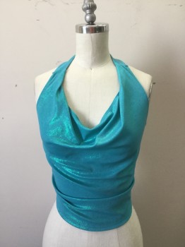 HOTKISS, Aqua Blue, Synthetic, Solid, Synthetic Jersey Iridescent. Backless Halter with Self Ties at Waist