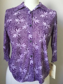 N/L, Purple, Lavender Purple, Polyester, Floral, Dots, Button Front, Collar Attached, 3/4 Sleeves, Stretch Mesh