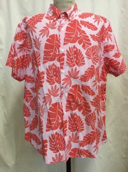 Mens, Hawaiian Shirt, BONOBOS, Lt Pink, Red, Cotton, Tropical , XXL, Lt Pink/ Red Leaf Print, Button Front, Button Down Collar, Short Sleeves