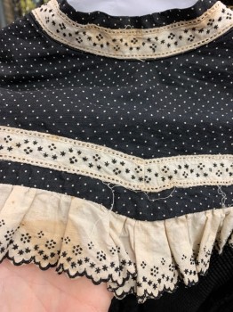 NL, Black, Cotton, Polka Dots, Micro Polka Dot Print Cotton with Creme Ruffled Lace Trim at Sailor Collar & and Cuffs. Tiny Black Dots & Stars on Cream Ribbon Trim. Snaps Center Front, Long Sleeves, Collar Band. Self Ruffled Hemline, Tiny Holes and Stains on Center Back Ruffle See Detail Photo,