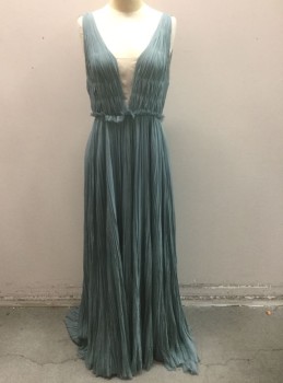 Womens, Evening Gown, J.MENDEL, Slate Blue, Ecru, Silk, Solid, 6, Slate Murky Ocean Blue Finely Pleated Chiffon, Ecru Chiffon Underlayer with Triangular "Modesty Panel" at Bust and Back, Sleeveless, Squared V-neck, Grecian Silhouette, Floor Length, High End/Designer **Discolored at Underarms
