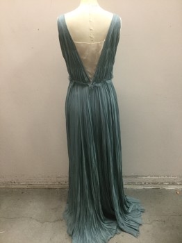 Womens, Evening Gown, J.MENDEL, Slate Blue, Ecru, Silk, Solid, 6, Slate Murky Ocean Blue Finely Pleated Chiffon, Ecru Chiffon Underlayer with Triangular "Modesty Panel" at Bust and Back, Sleeveless, Squared V-neck, Grecian Silhouette, Floor Length, High End/Designer **Discolored at Underarms