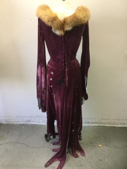MTO, Mauve Purple, Lt Blue, Dusty Orange, Synthetic, Fur, Made To Order, Velvet Lined with Brocade, Real Fox Fur Trim at Collar, Long Hanging Sleeves with Tabs, Silver Buttons As Decoration (Some Missing), Velvet Buttons Center Front, Lace Up Center Back, Silver Piping Edges, Cote