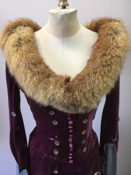 Womens, Historical Fiction Dress, MTO, Mauve Purple, Lt Blue, Dusty Orange, Synthetic, Fur, W26+, B32-36, Made To Order, Velvet Lined with Brocade, Real Fox Fur Trim at Collar, Long Hanging Sleeves with Tabs, Silver Buttons As Decoration (Some Missing), Velvet Buttons Center Front, Lace Up Center Back, Silver Piping Edges, Cote