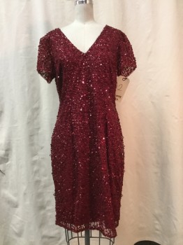 Womens, Cocktail Dress, ADRIANNA PAPELL, Red Burgundy, Synthetic, Sequins, Solid, 12, Burgundy, Sequins, V-neck, Short Sleeves, Zip Back