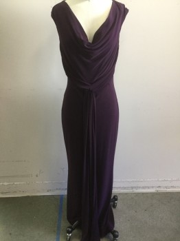 Womens, Evening Gown, SHUBETTE, Plum Purple, Polyester, Solid, 4, Sleeveless, Draped Neck, Rouching on Sides with Long Pannels