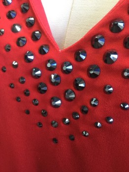 ST JOHN, Paprika Red, Silk, Solid, V-neck, Gunmetal Pointed Studs, Kimono-ish Sleeves
