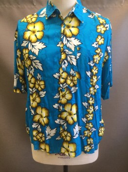Mens, Hawaiian Shirt, ASIAN CREATIONS, Turquoise Blue, White, Yellow, Ochre Brown-Yellow, Rayon, Hawaiian Print, Floral, XL, Bright Turquoise with White, Yellow and Ochre Hibiscus Flowers Boldly Outlined in Black in Vertical Stripes, Short Sleeve Button Front, Collar Attached, 1 Patch Pocket