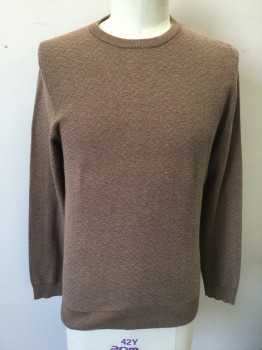 Mens, Pullover Sweater, JOS.A.BANK RESERVE, Lt Brown, Beige, Cotton, Silk, 2 Color Weave, Geometric, L, Self Diagonal Lines Texture/Pattern, Knit, Long Sleeves, Crew Neck