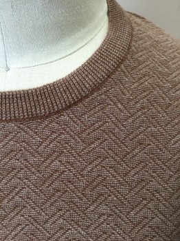 Mens, Pullover Sweater, JOS.A.BANK RESERVE, Lt Brown, Beige, Cotton, Silk, 2 Color Weave, Geometric, L, Self Diagonal Lines Texture/Pattern, Knit, Long Sleeves, Crew Neck