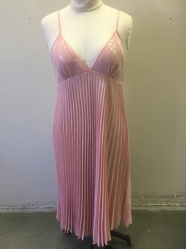ZARA WOMAN, Rose Pink, Polyester, Sequins, Solid, Pink Poly Crepe Covered in Clear Sequins, Spaghetti Straps, V-neck, Empire Waist, Chemically Pleated Skirt Portion, Hem Mid-calf