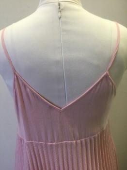 ZARA WOMAN, Rose Pink, Polyester, Sequins, Solid, Pink Poly Crepe Covered in Clear Sequins, Spaghetti Straps, V-neck, Empire Waist, Chemically Pleated Skirt Portion, Hem Mid-calf