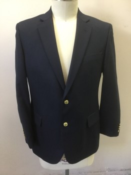 STAFFORD, Navy Blue, Wool, Solid, Single Breasted, Notched Lapel, 2 Gold Metal Embossed Buttons, 3 Pockets, Navy and White Microcheck Gingham Lining