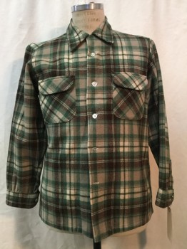 PENDLETON, Lt Brown, Dk Brown, Green, Wool, Plaid, Light Brown/ Dark Brown/ Green Plaid, Button Front, Collar Attached, 2 Pockets, 50's Reproduction
