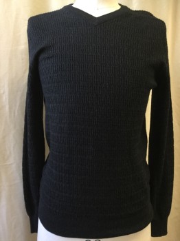 Mens, Pullover Sweater, PERRY ELLIS, Charcoal Gray, Poly/Cotton, Viscose, Heathered, S, V-neck, Textured Knit