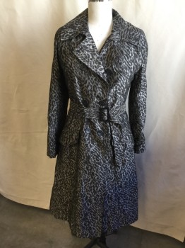 IRENE  VAN RYB, Dk Brown, Gray, Silver, Polyester, Acetate, Animal Print, Black Diamond Quilt Lining, Large Notched Lapel, Flap Front & Back, Double Breasted, 2 Pockets with Flap, 1 Split Back Center Hem, with Detach Self Belt, Flair Bottom  (right Sleeves with No  Belt at Cuff)
