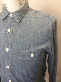 J.CREW, Dusty Blue, Denim Blue, Cotton, Solid, Chambray, Long Sleeve Button Front, Collar Attached, White Top Stitching, 2 Patch Pockets with Button Closure