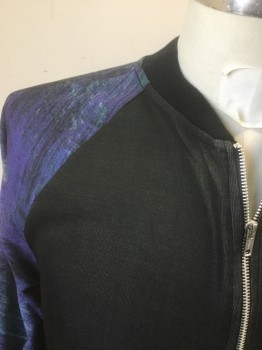 Mens, Casual Jacket, TOPMAN, Black, Purple, Teal Green, Polyester, Color Blocking, Abstract , L, Zip Front, Knit, 2 Zipper Pockets, Raglan Sleeves,
