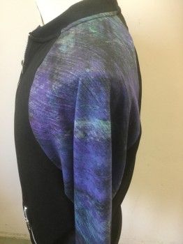 Mens, Casual Jacket, TOPMAN, Black, Purple, Teal Green, Polyester, Color Blocking, Abstract , L, Zip Front, Knit, 2 Zipper Pockets, Raglan Sleeves,