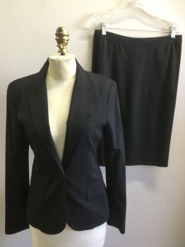 THEORY, Black, Wool, Spandex, Solid, Single Breasted, 1 Button, Peaked Lapel, 3 Pockets, Plain Weave, Center Back Vent