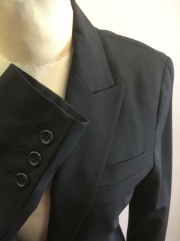 THEORY, Black, Wool, Spandex, Solid, Single Breasted, 1 Button, Peaked Lapel, 3 Pockets, Plain Weave, Center Back Vent