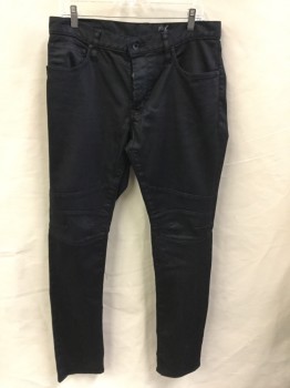 Mens, Casual Pants, JOHN VARVATOS, Black, Cotton, Lycra, Solid, 33, 36, Oily Black, Zip Front, 5 Pockets, Detail Stitches Insets Work @ Knee
