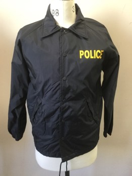 Mens, Fire/Police Jacket, LANDMARK, Navy Blue, Yellow, Nylon, Text, XL, Windbreaker, Snap Front, Collar Attached, Yellow "Police" on Front Lapel and on Back, 2 Welt Pocket, Drawstring Waist