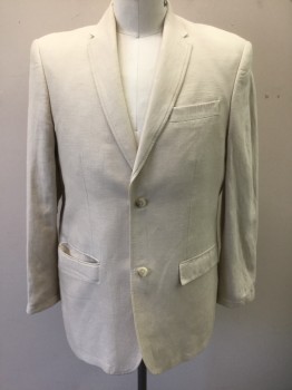 Mens, Suit, Jacket, PERRY ELLIS, Ecru, Linen, Cotton, Herringbone, 42R, Self Herringbone Texture, Single Breasted, Notched Lapel, 2 Buttons, 3 Pockets, Solid Beige Lining, ***Small Stain on Lapel