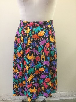 N/L , Black, Cotton, Novelty Pattern, Multicolor Kitty Cats Playing with Bees Funky Pattern, Wrap Skirt, Button Closures at Waist, Knee Length,  **Missing Waist Button, Size Could Be Adjustable If Button is Moved