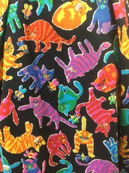 N/L , Black, Cotton, Novelty Pattern, Multicolor Kitty Cats Playing with Bees Funky Pattern, Wrap Skirt, Button Closures at Waist, Knee Length,  **Missing Waist Button, Size Could Be Adjustable If Button is Moved