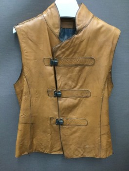 Mens, Vest, MTO, Caramel Brown, Gray, Leather, Metallic/Metal, Solid, C34, 34 to a Snug 36 Chest, Stand Collar, Double Breasted, with Rustic Clasps, Aged, Hand Stitched Repairs, Adjustable Back Waist Belt, Shiny Lining, Medieval, Sexy Brigand, Young Robinhood, Post Apocalyptic Ranger