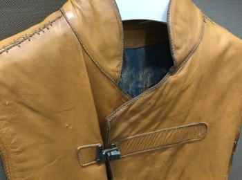 MTO, Caramel Brown, Gray, Leather, Metallic/Metal, Solid, 34 to a Snug 36 Chest, Stand Collar, Double Breasted, with Rustic Clasps, Aged, Hand Stitched Repairs, Adjustable Back Waist Belt, Shiny Lining, Medieval, Sexy Brigand, Young Robinhood, Post Apocalyptic Ranger