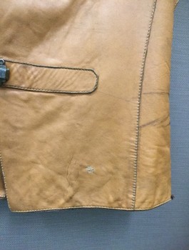 MTO, Caramel Brown, Gray, Leather, Metallic/Metal, Solid, 34 to a Snug 36 Chest, Stand Collar, Double Breasted, with Rustic Clasps, Aged, Hand Stitched Repairs, Adjustable Back Waist Belt, Shiny Lining, Medieval, Sexy Brigand, Young Robinhood, Post Apocalyptic Ranger