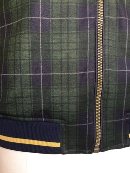 Mens, Casual Jacket, ZARA, Dk Green, Black, Gray, Camel Brown, Polyester, Viscose, Heathered, Plaid, L, Zip Front, 2 Zip Pockets, Navy Trim with Camel Stripe