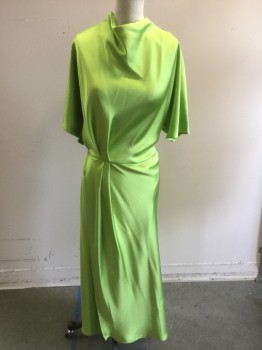 STINE GOYA, Chartreuse Green, Polyester, Solid, Satin, High Draped Neck, Blousey Top with High Back Neck and 3 Buttons, Short Sleeves, Drop Waist, Faux Wrap  Skirt with 2 Pleat Details in Front, Side Zip, **Stain in Front, About Knee Level