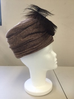 NL, Beige, Brown, Wool, Feathers, Mottled, Solid, Turban in Mottled Brown Wool Fabric. Flat Top, Chocolate Brown Satin Ribon at Center Front, with Choc Brown Egret Plumes,